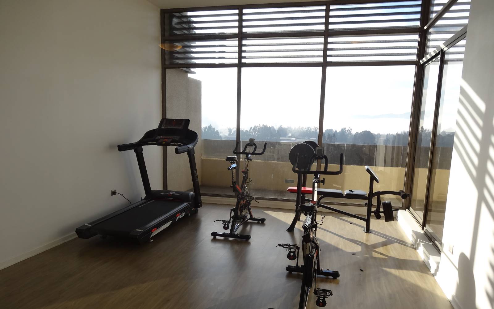 Gimnasio del edificio con trotadora y bicicletas estáticas.
