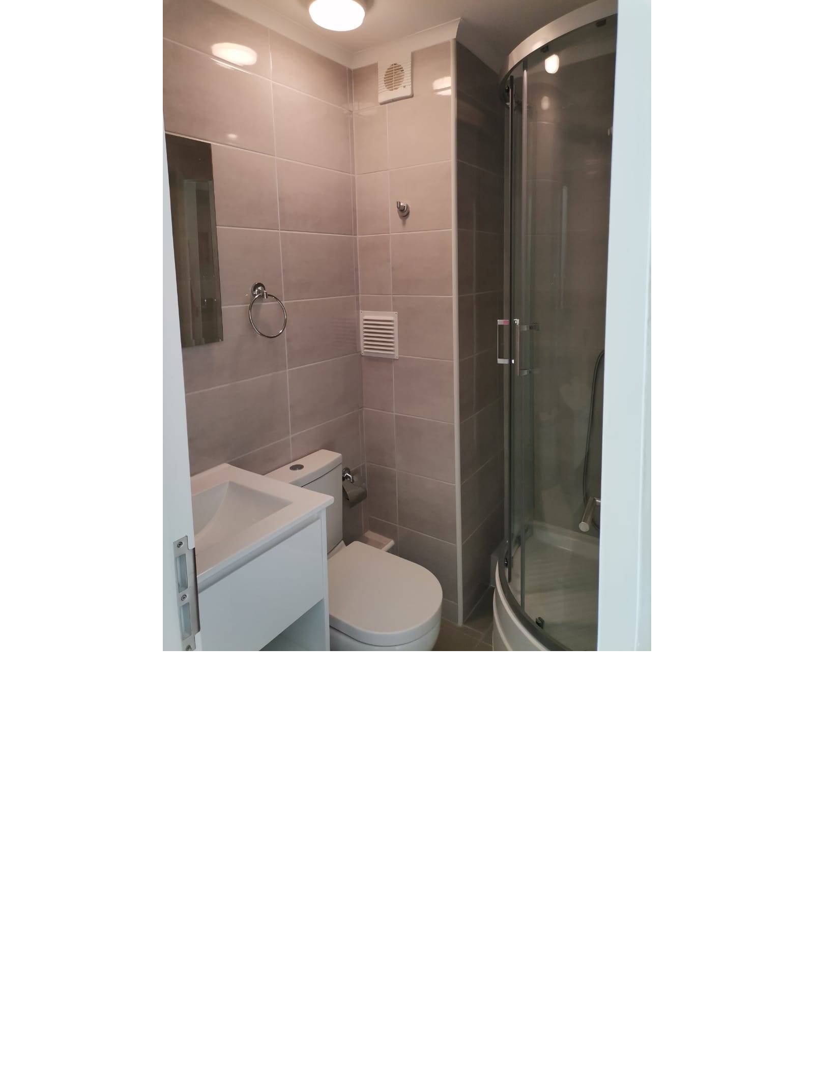 Baño con cabina de ducha, vanitorio e inodoro.