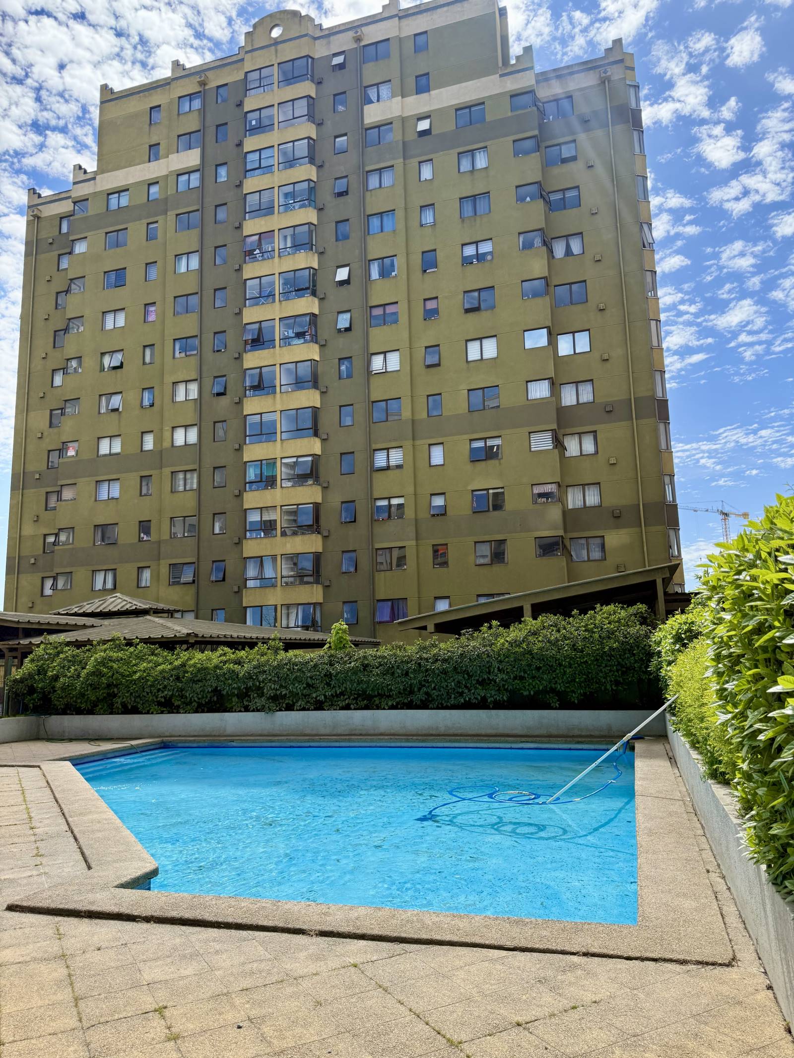 Piscina del condominio al aire libre rodeada de áreas verdes.