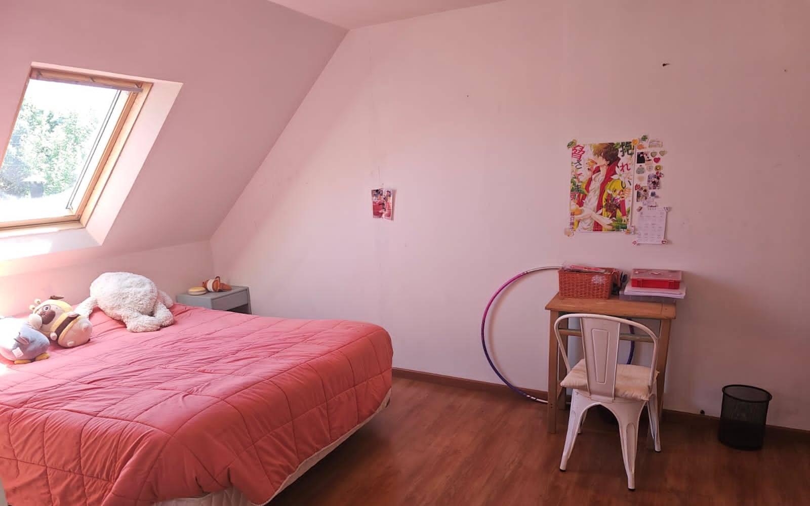 Dormitorio con cama de dos plazas y tragaluz inclinado.