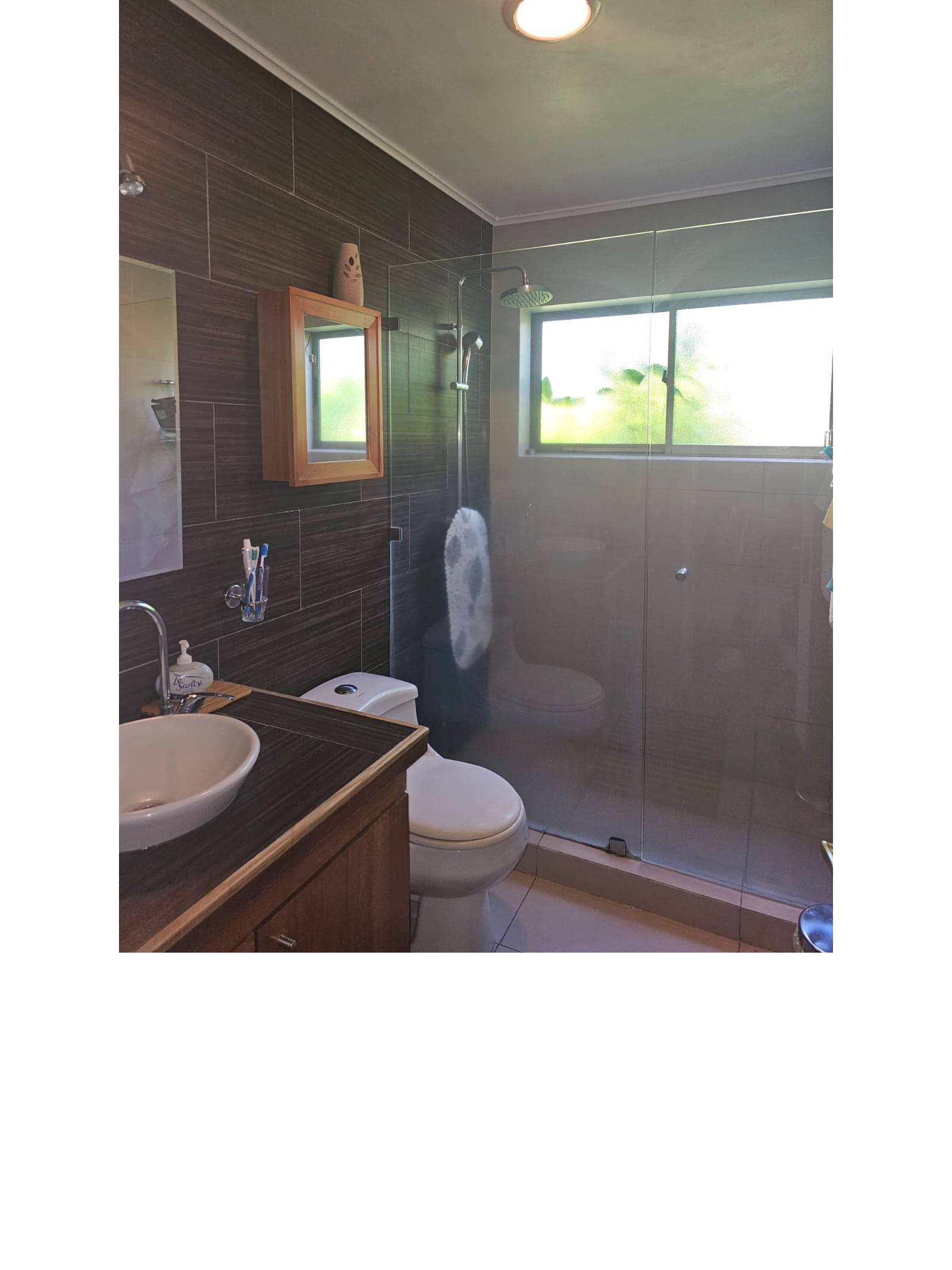 Baño completo con cabina de ducha y porcelanato tipo madera.