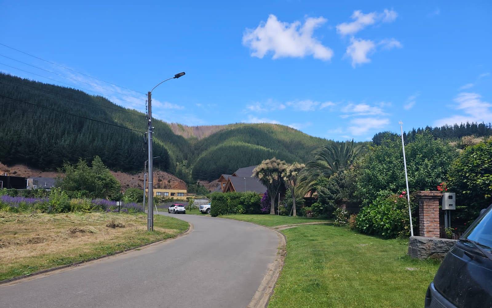 Entorno residencial con cerros arbolados y calle asfaltada.