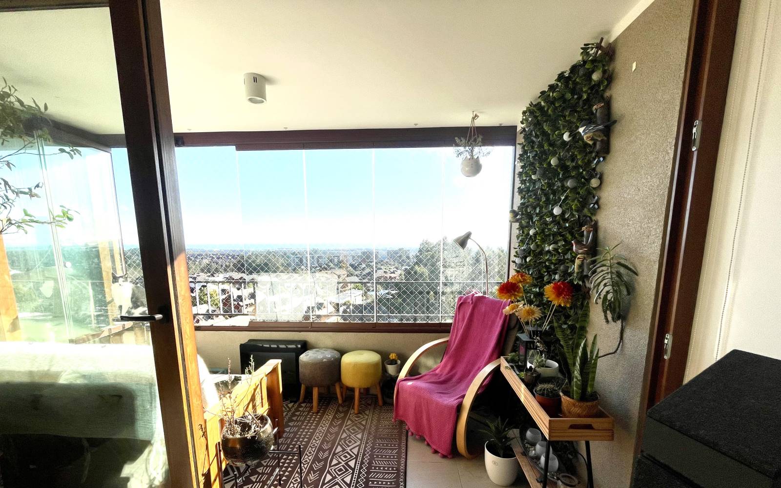 Terraza vidriada decorada con plantas y vista abierta
