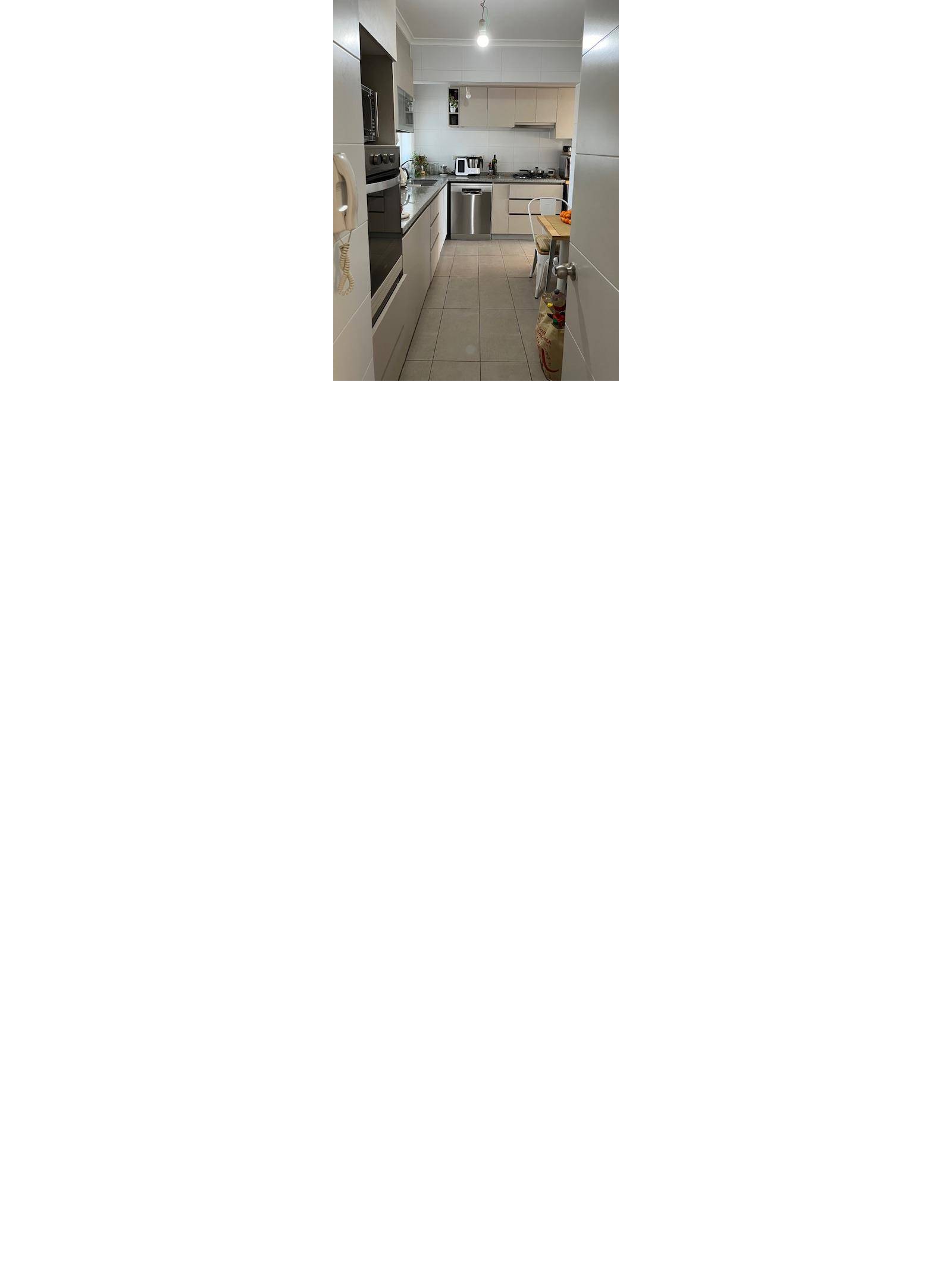Cocina alargada equipada con muebles y encimera metálica