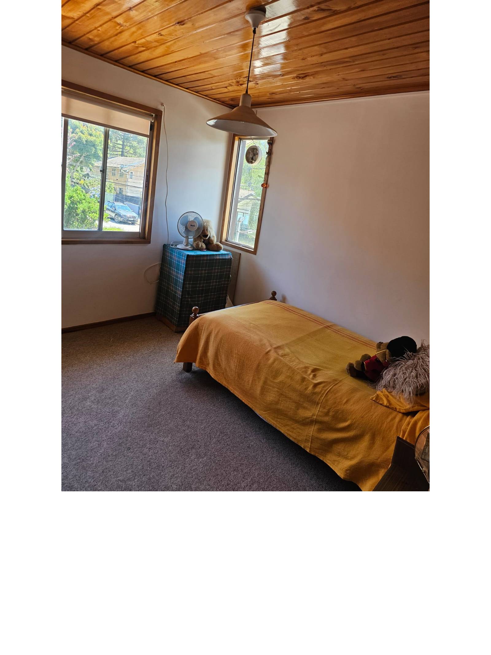 Dormitorio individual con techo de madera y ventanas luminosas