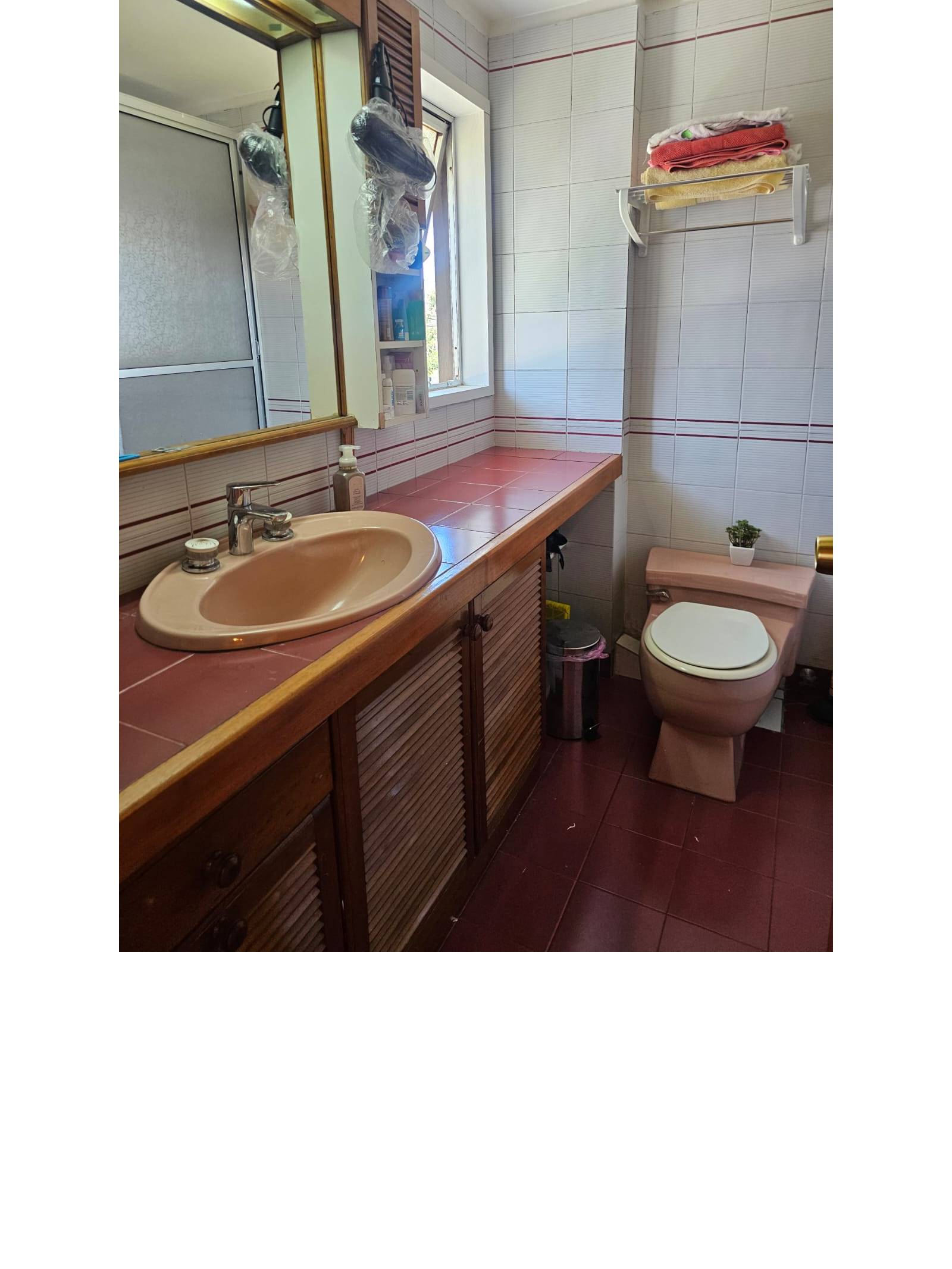 Baño principal con vanitorio de cubierta de madera e inodoro