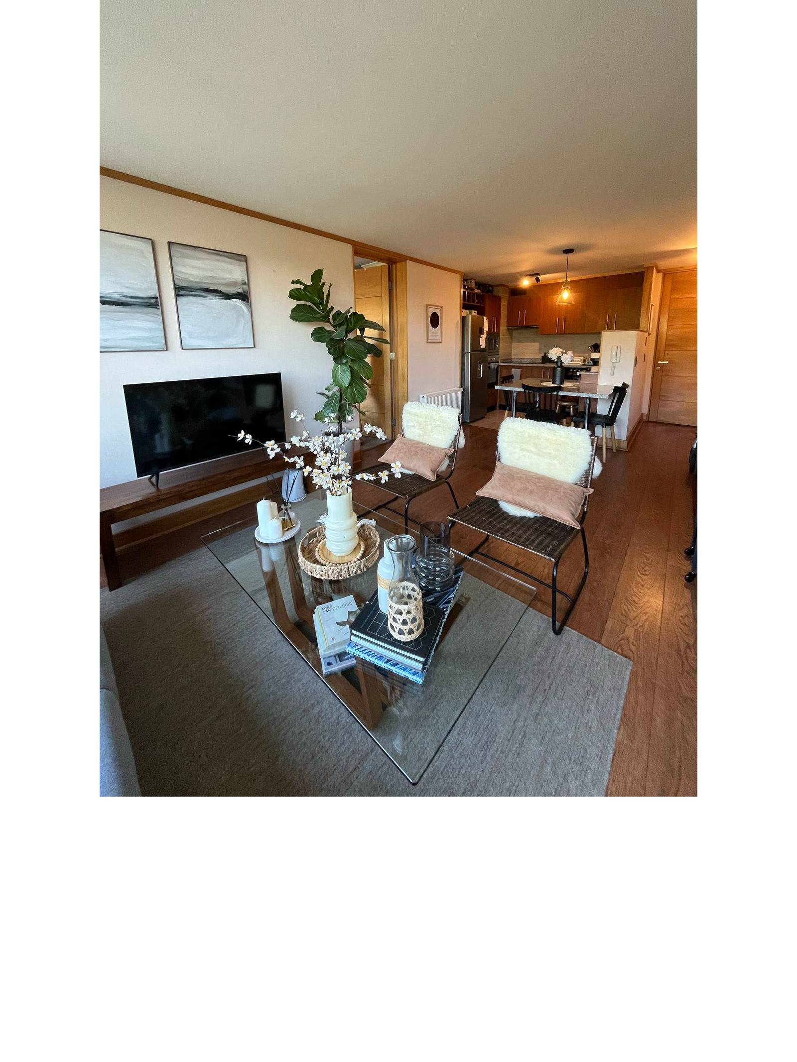 Living amplio con mesa de centro, sillones y televisor.