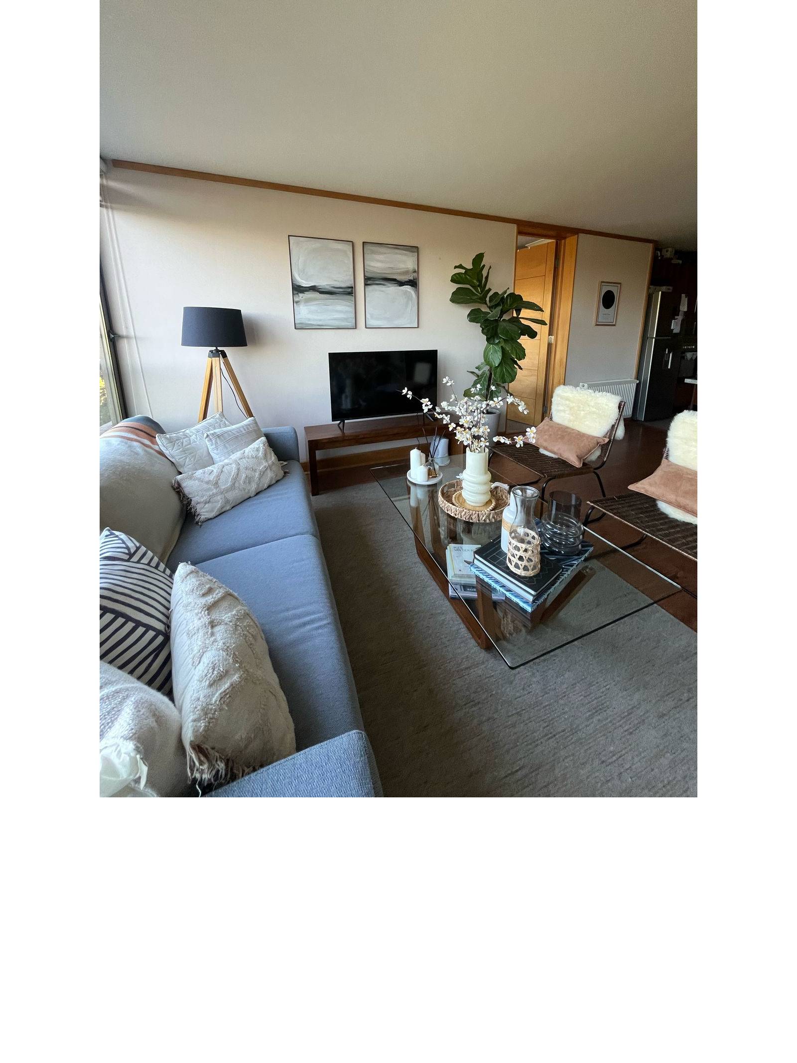 Sala de estar con sofá gris, mesa de vidrio y televisión.