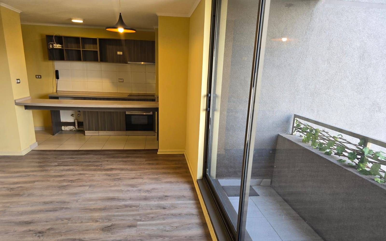 Espacio principal con vista hacia cocina americana y terraza