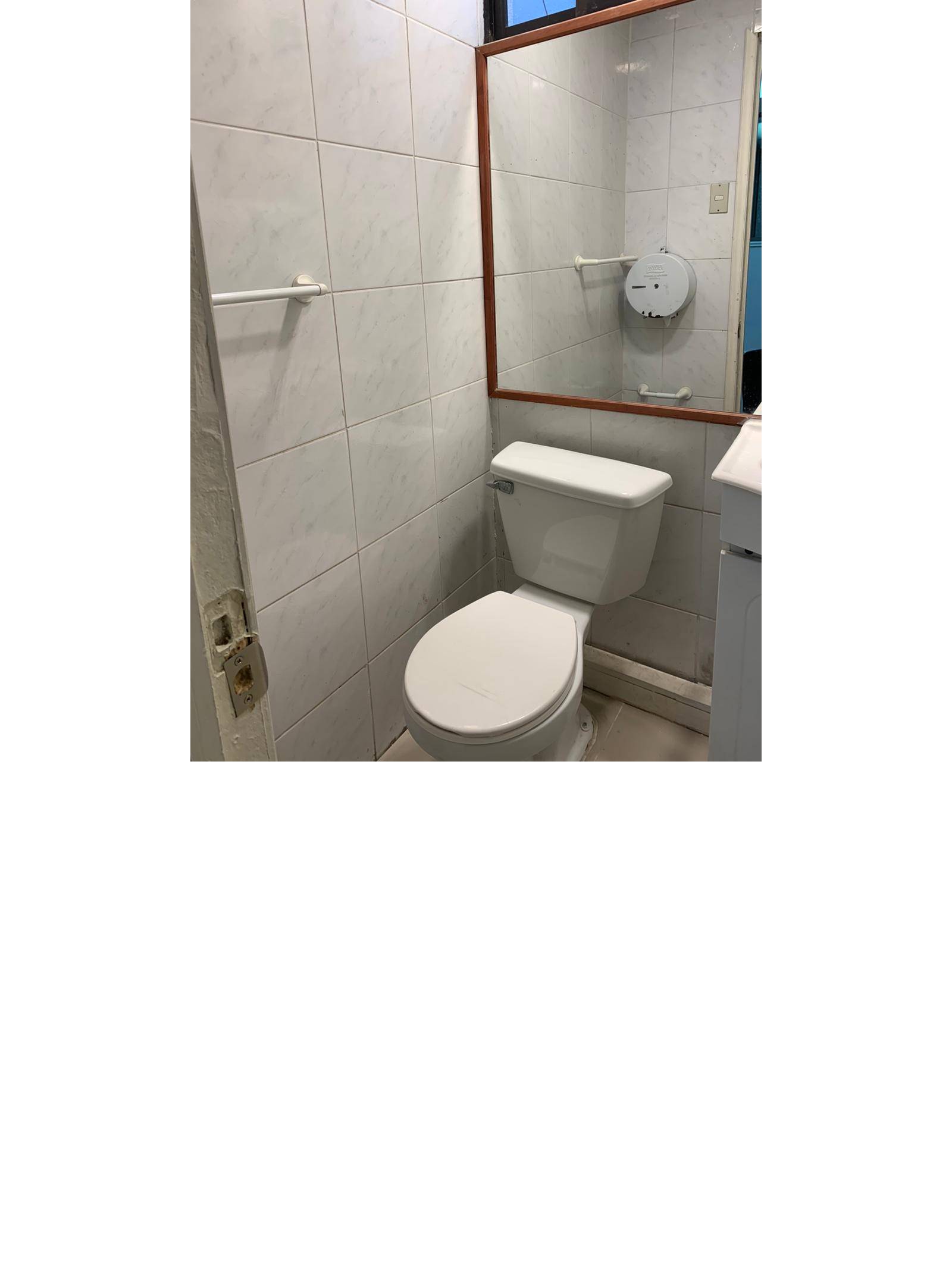 Baño con inodoro y espejo de pared con marco de madera