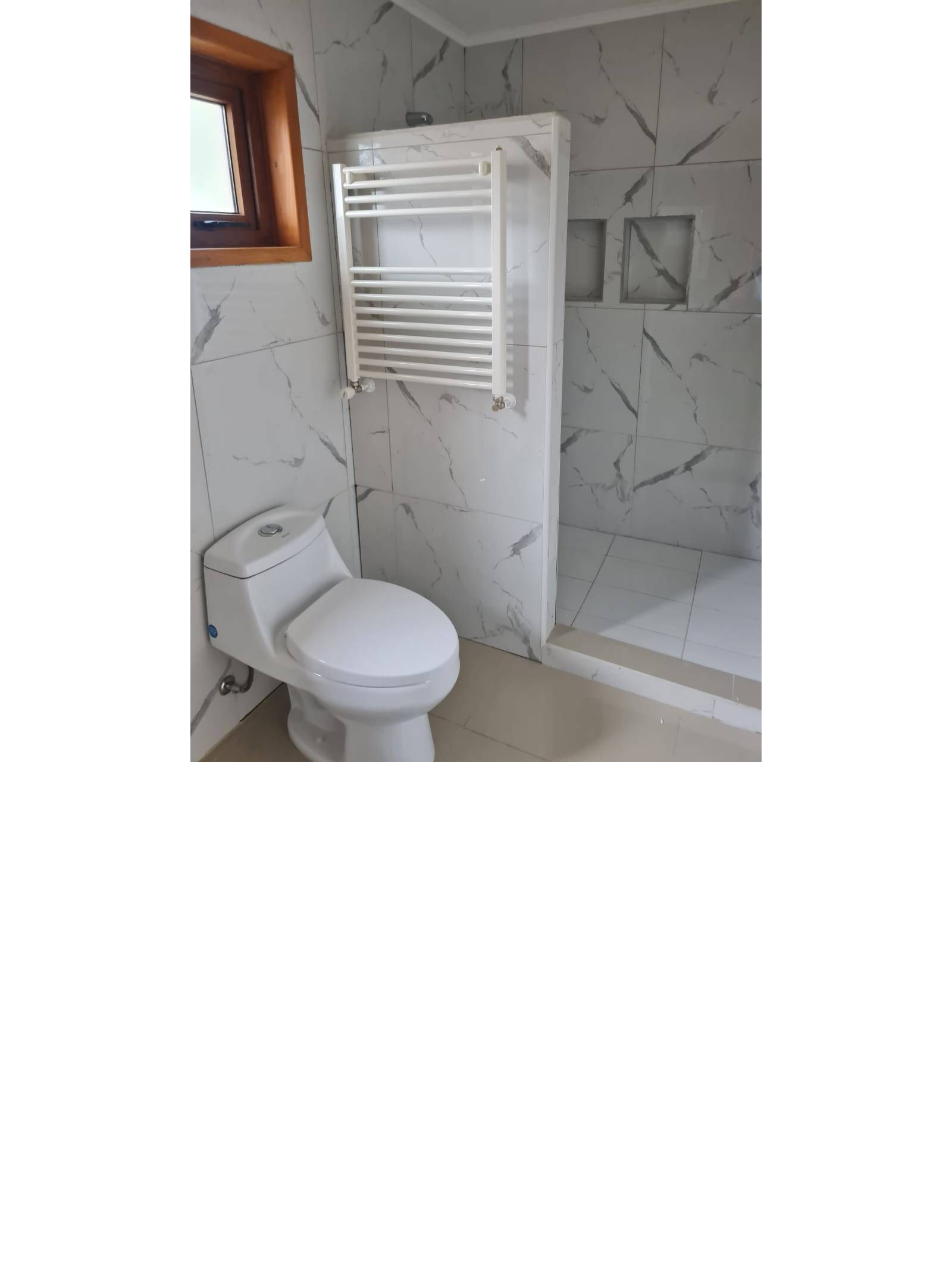 Inodoro blanco, seca toallas y ducha con revestimiento tipo mármol.