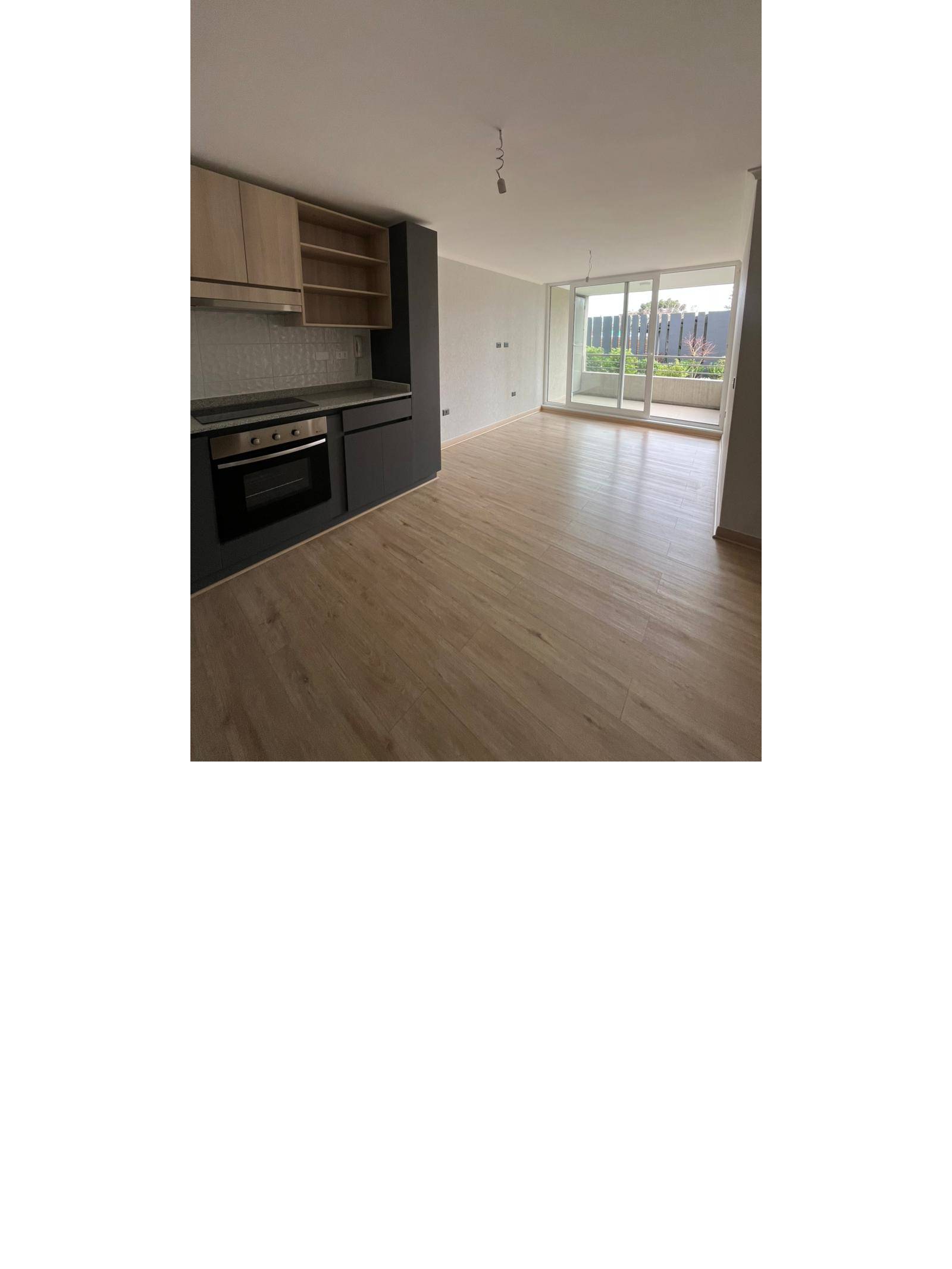 Ambiente principal con cocina integrada y ventanal a terraza