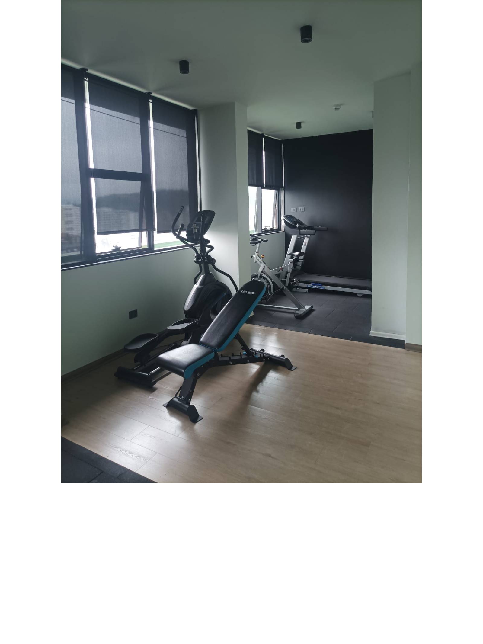 Gimnasio equipado con máquinas elípticas y banca de pesas.