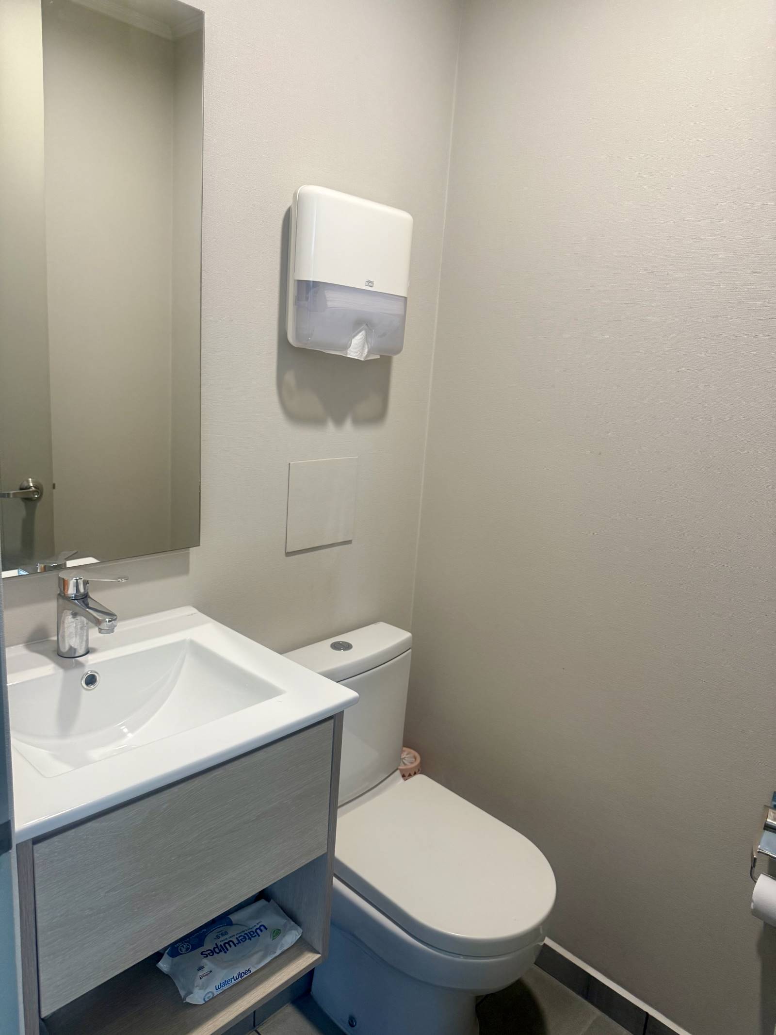 Baño con vanitorio moderno, espejo y sanitario blanco.