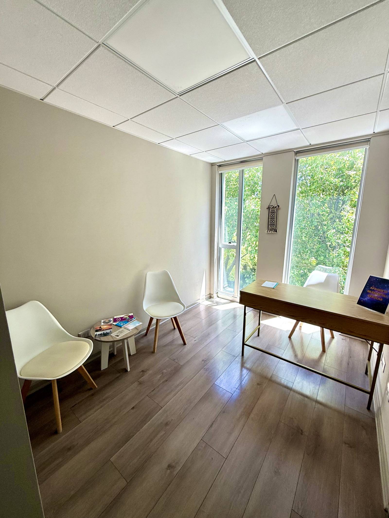 Sala de consulta o privado con escritorio, sillas y piso flotante.