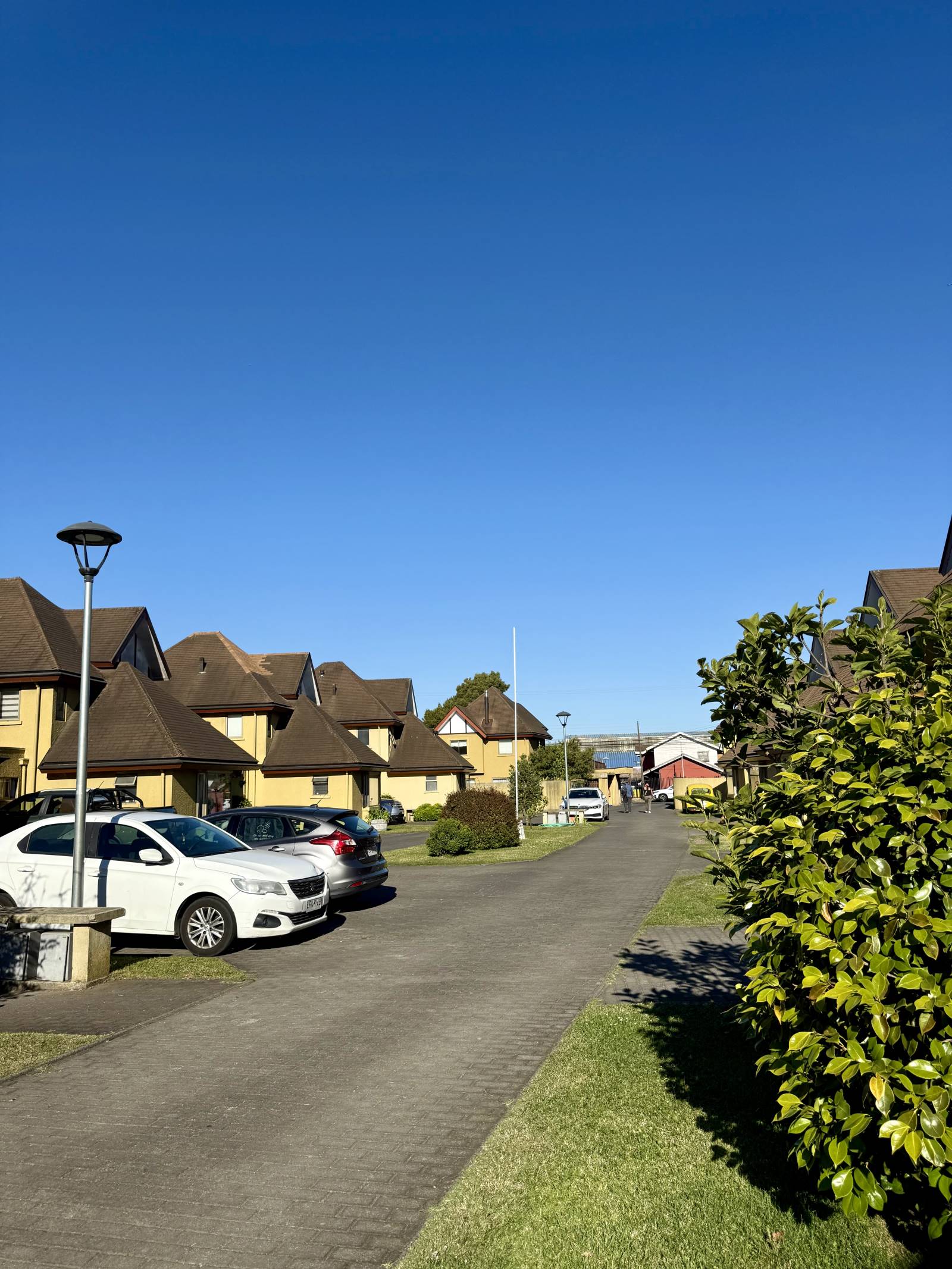 Calle principal del condominio con casas y estacionamientos.