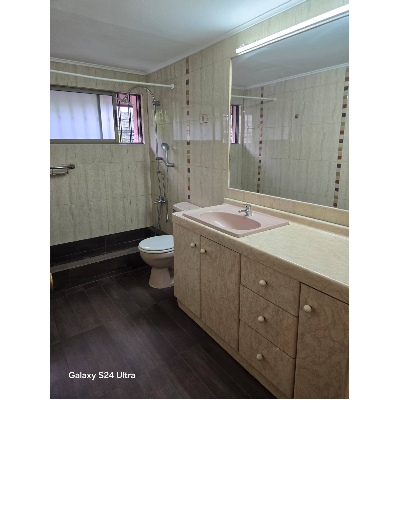 Baño con vanitorio de mármol, espejo amplio y ducha.