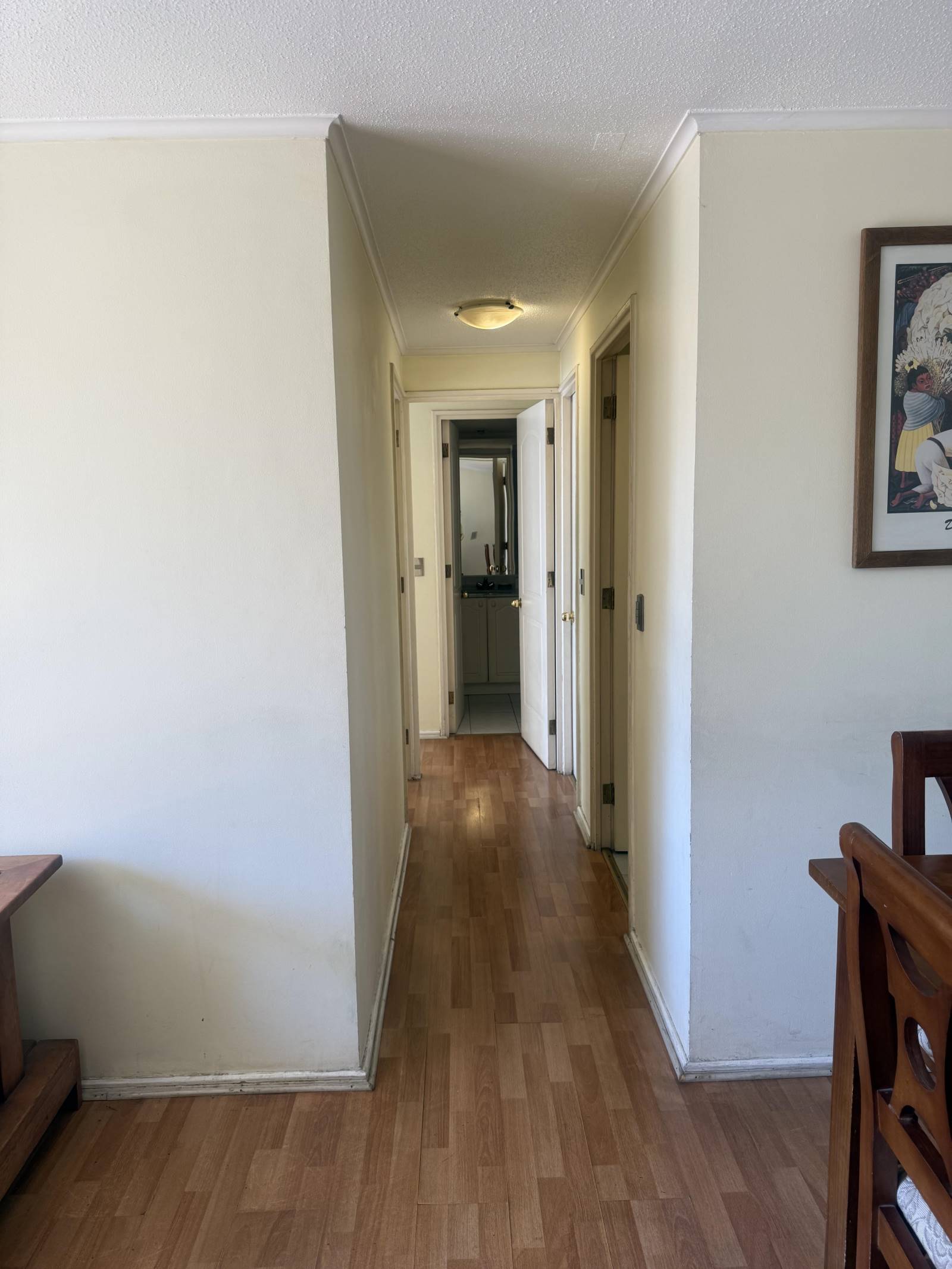 Pasillo de distribución interior con piso flotante y puertas