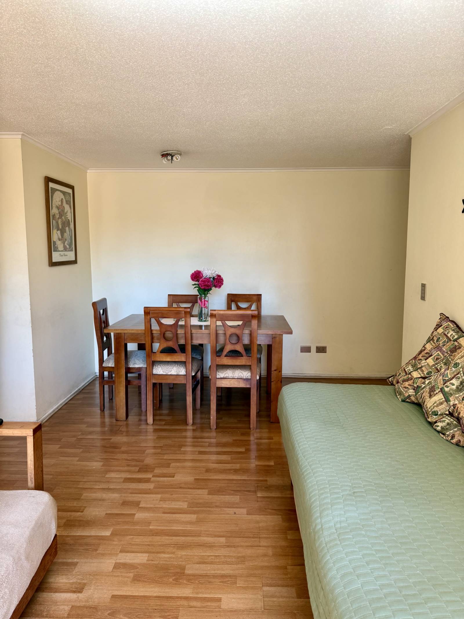 Living comedor con mesa de madera, sillas y sofá cama
