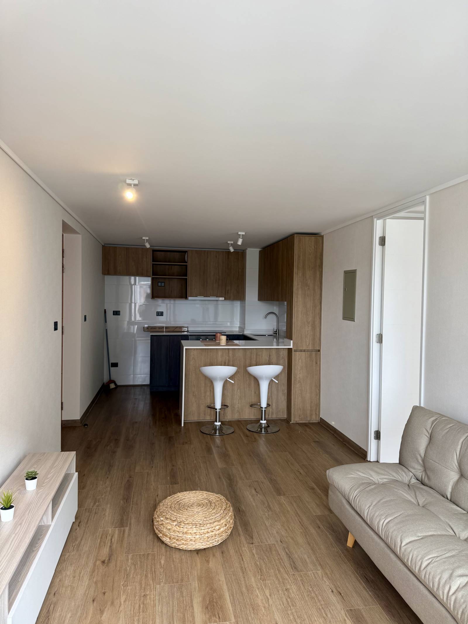 Espacio abierto integrando living y cocina americana con desayunador.