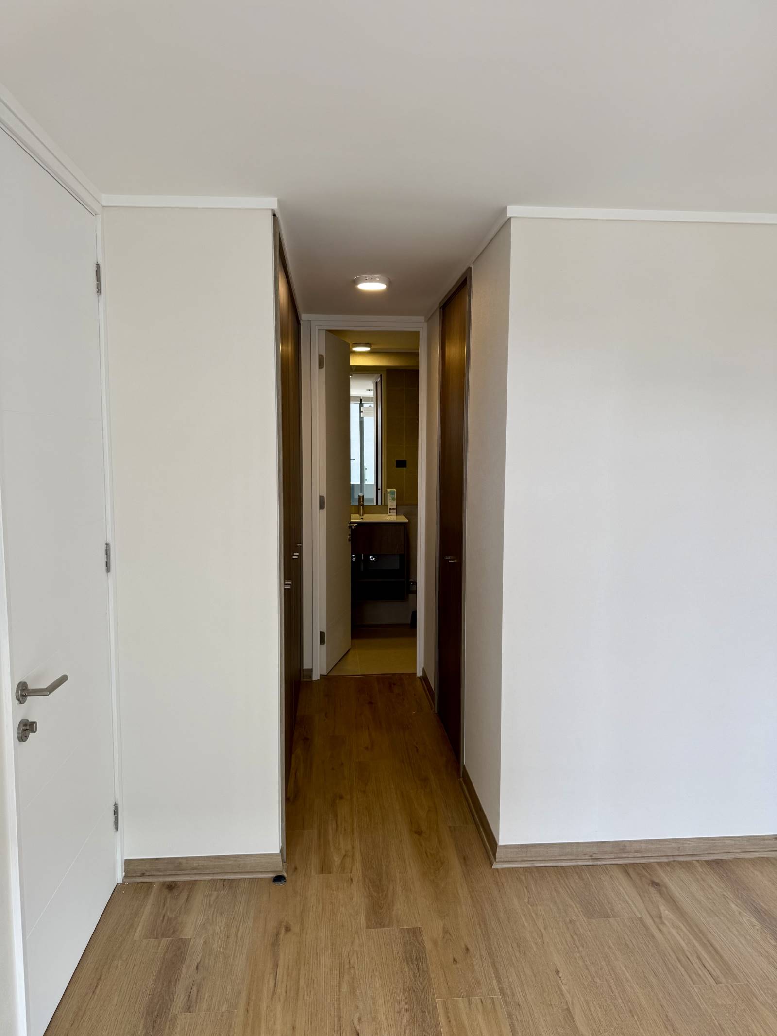Pasillo de distribución con clósets integrados hacia el baño principal.
