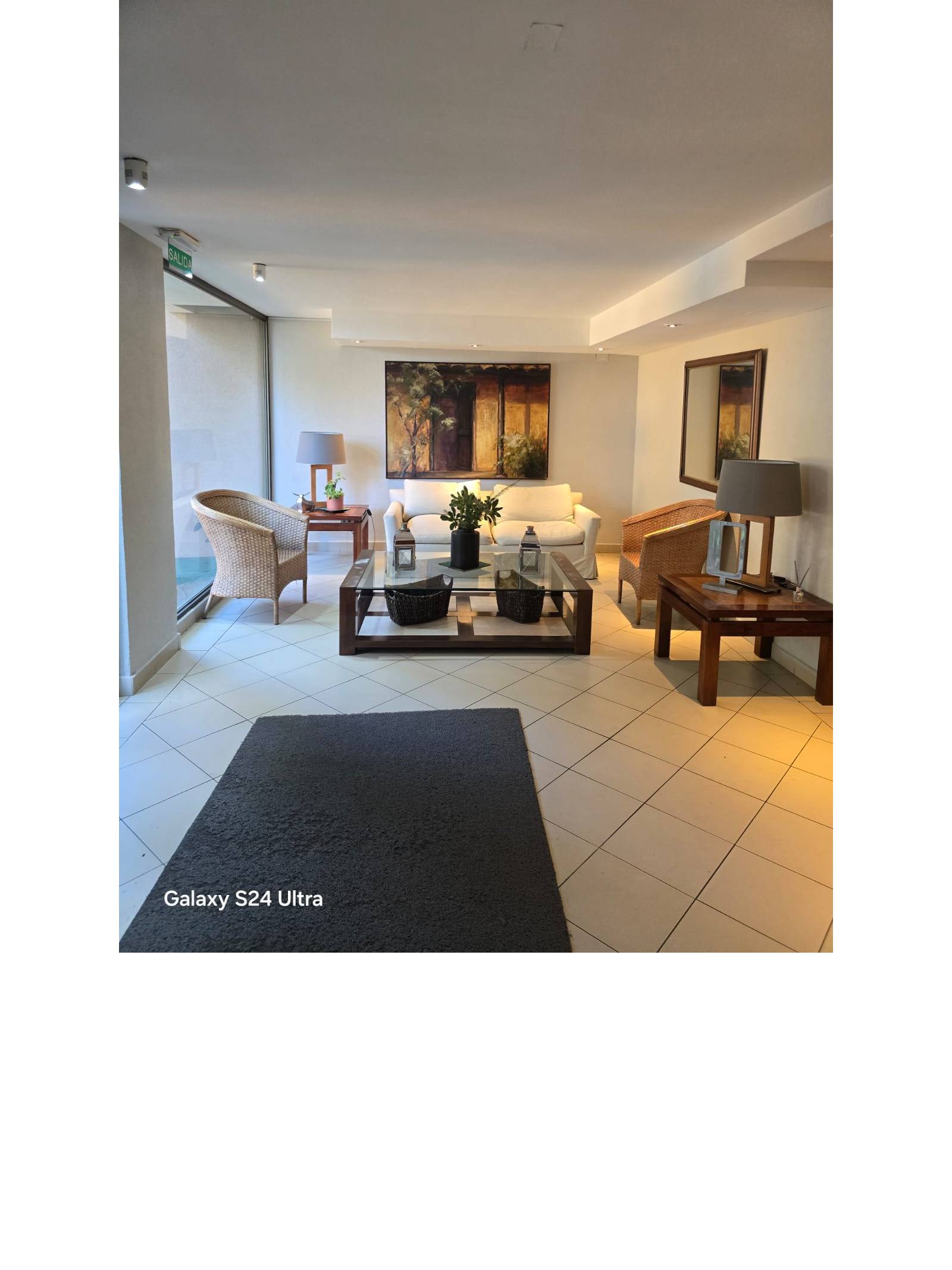 Sala de estar común con sofás, mesa de centro y cuadro