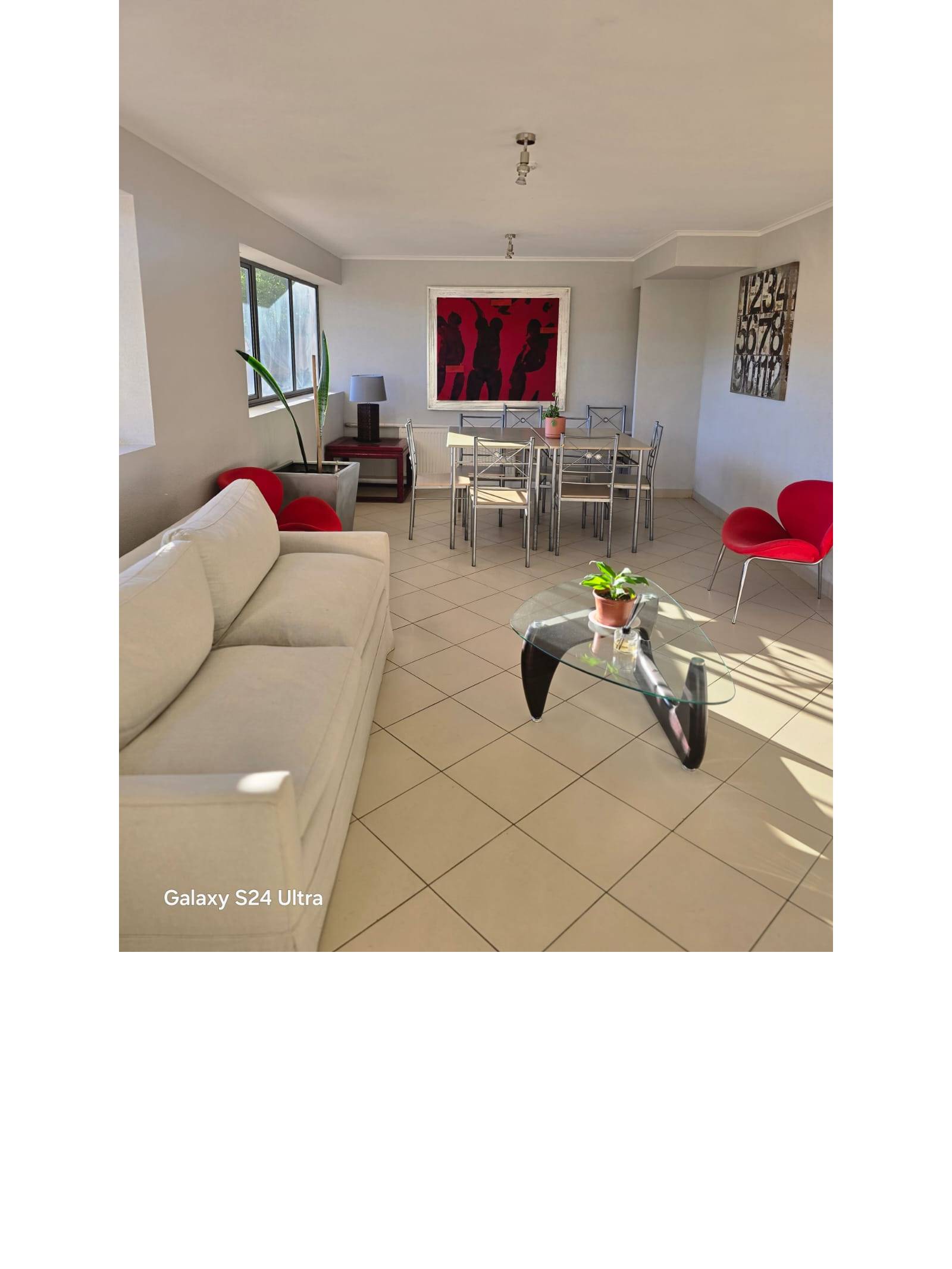 Living comedor amoblado con sillones, mesa y ventanales luminosos