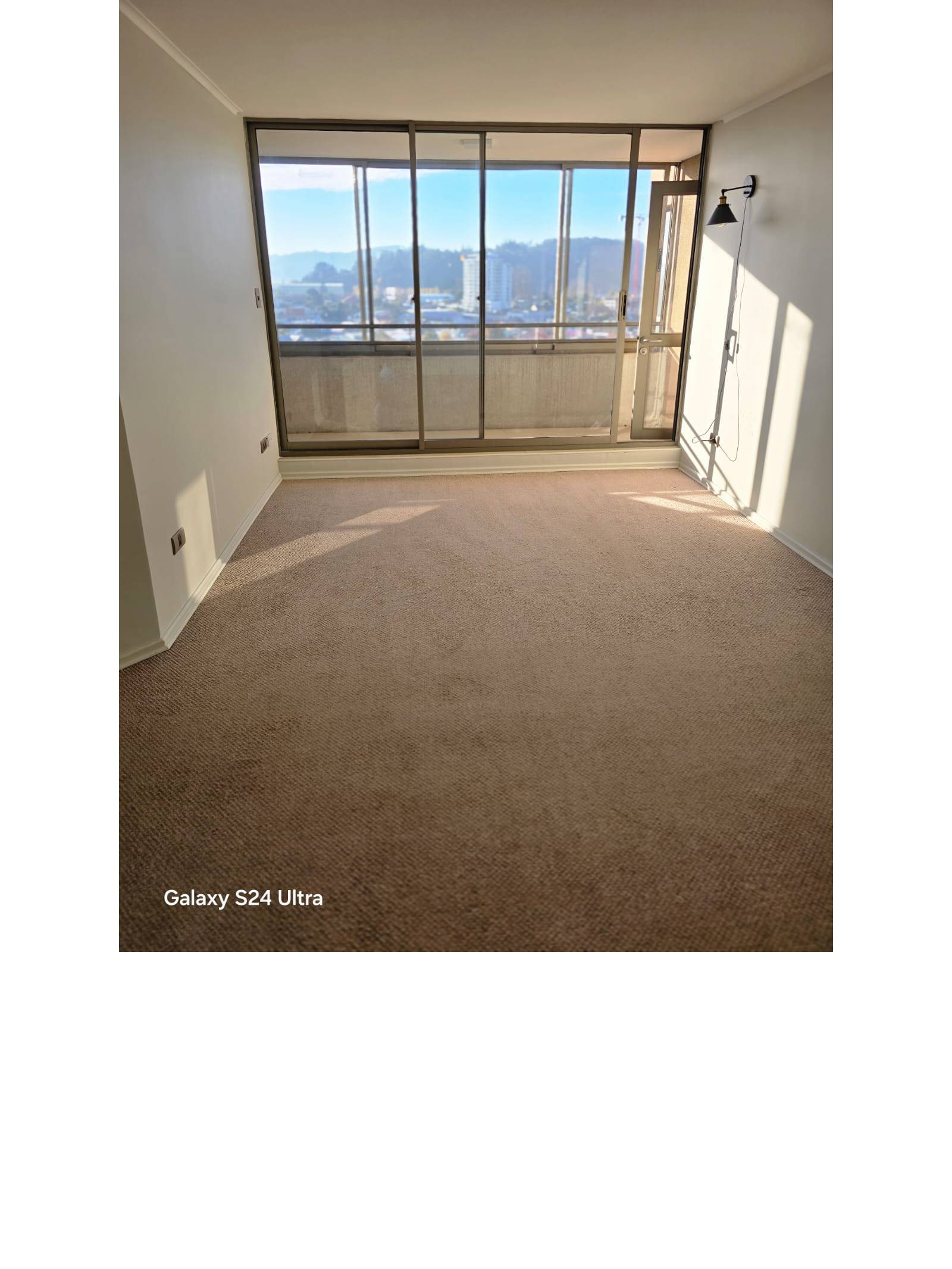 Dormitorio alfombrado con gran ventanal y vista despejada
