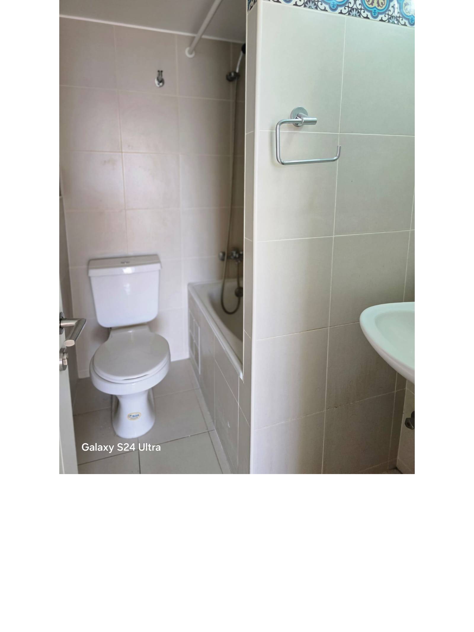 Baño completo con tina, inodoro y muros con azulejos