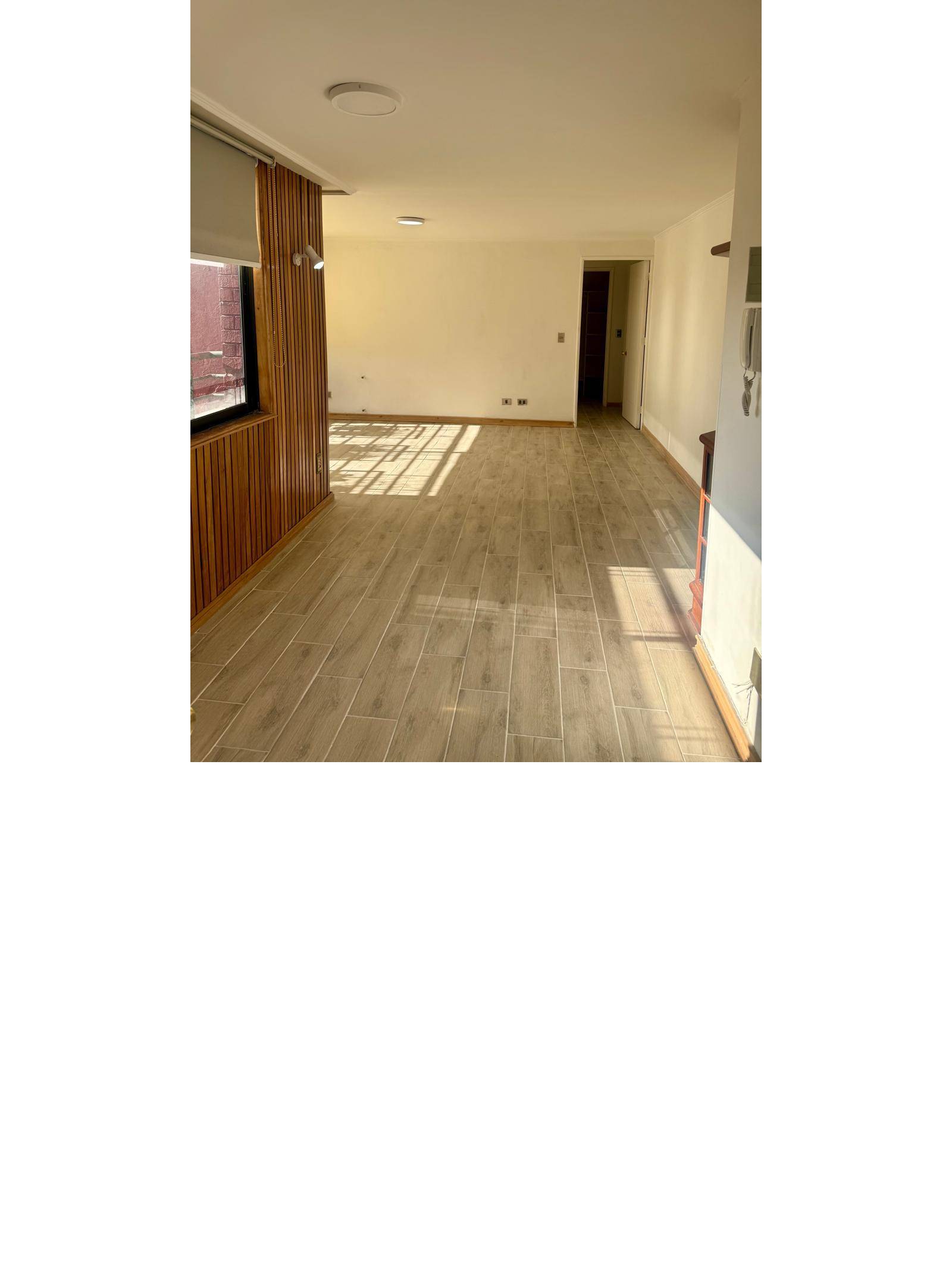 Espacio interior iluminado con revestimiento de madera en muro.