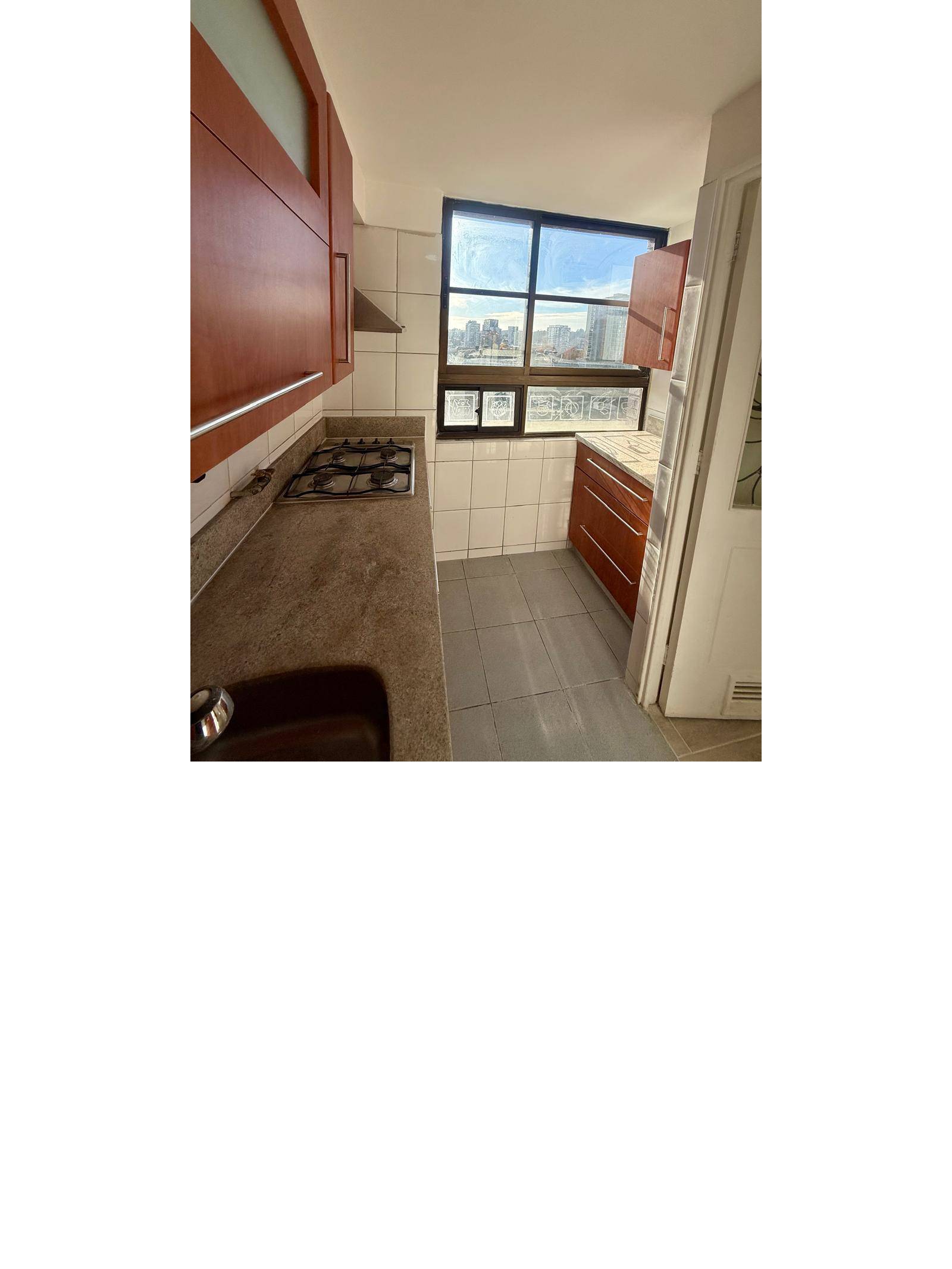 Cocina alargada equipada con encimera a gas y muebles de madera.
