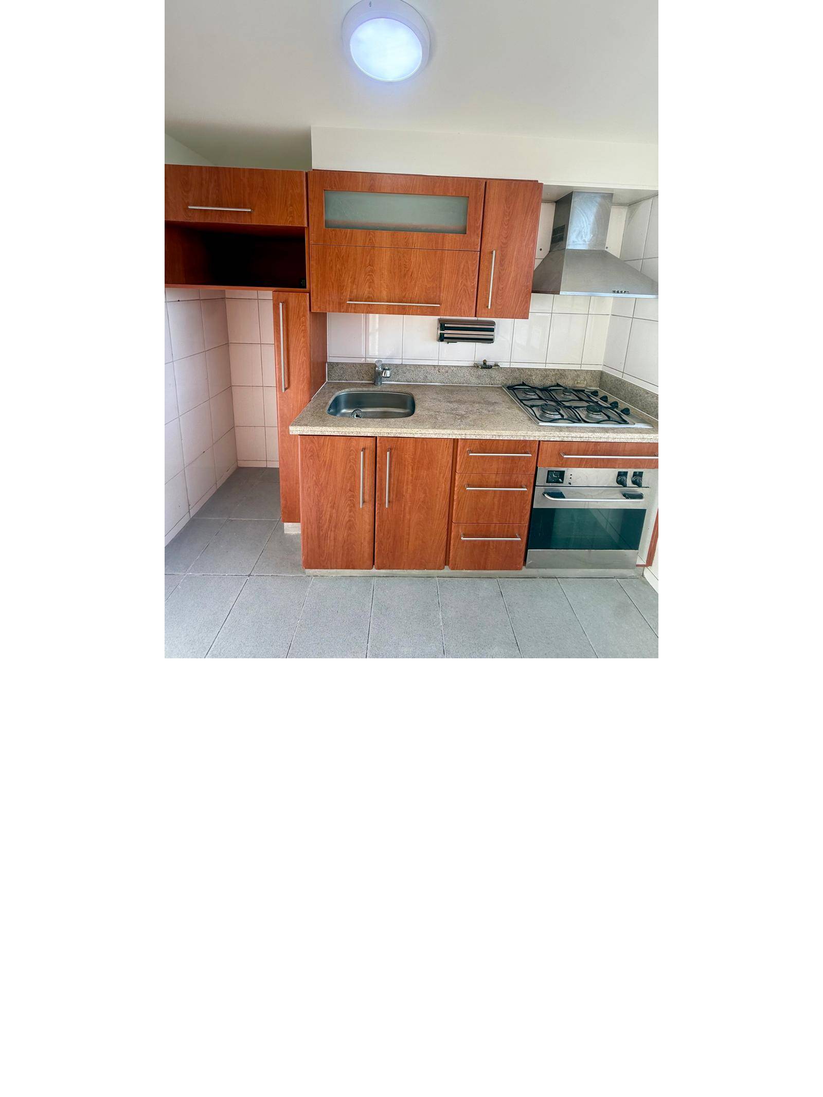 Muebles de cocina con lavaplatos, horno empotrado y campana extractora.