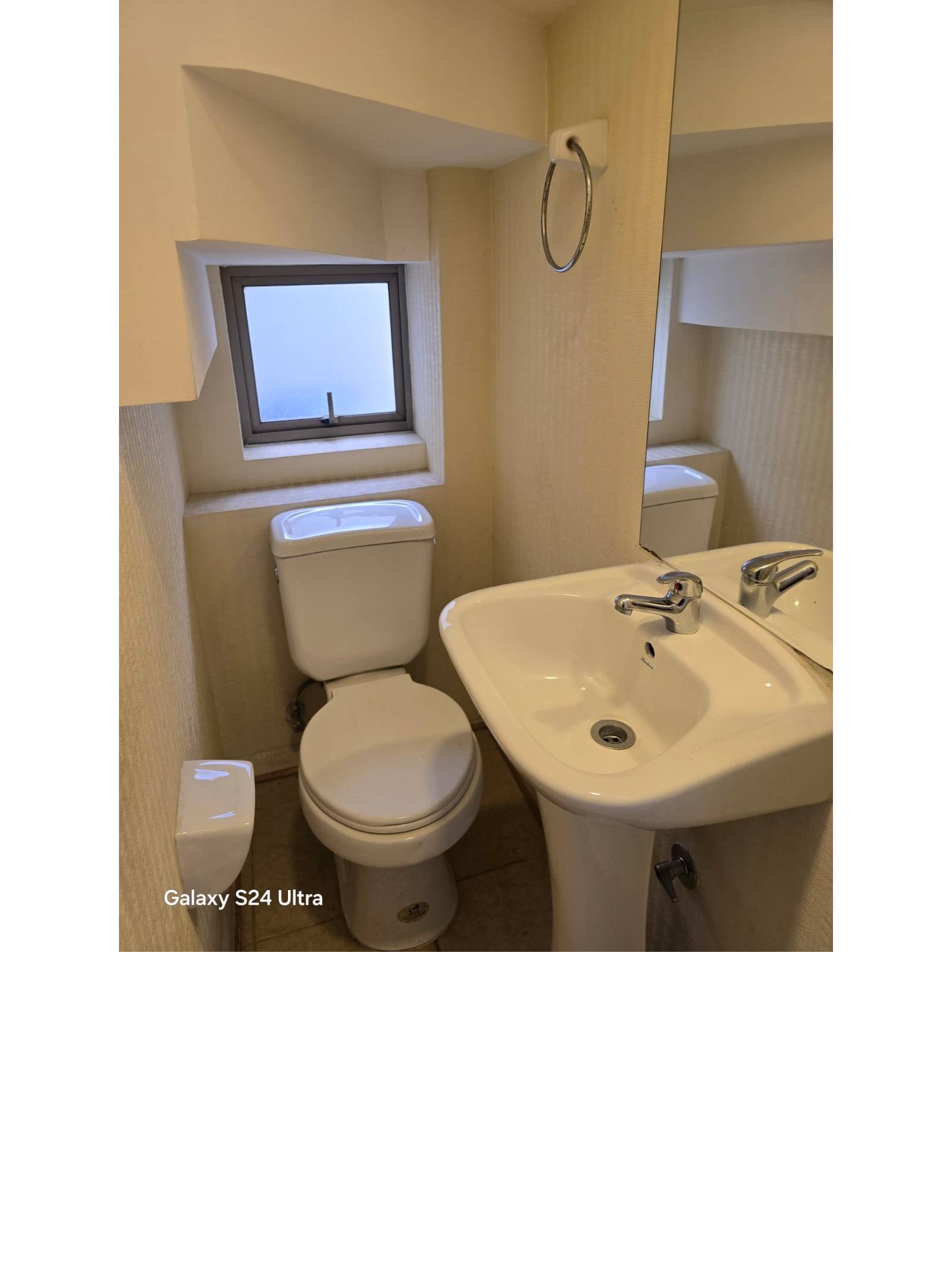 Baño de visitas con lavamanos de pedestal e inodoro