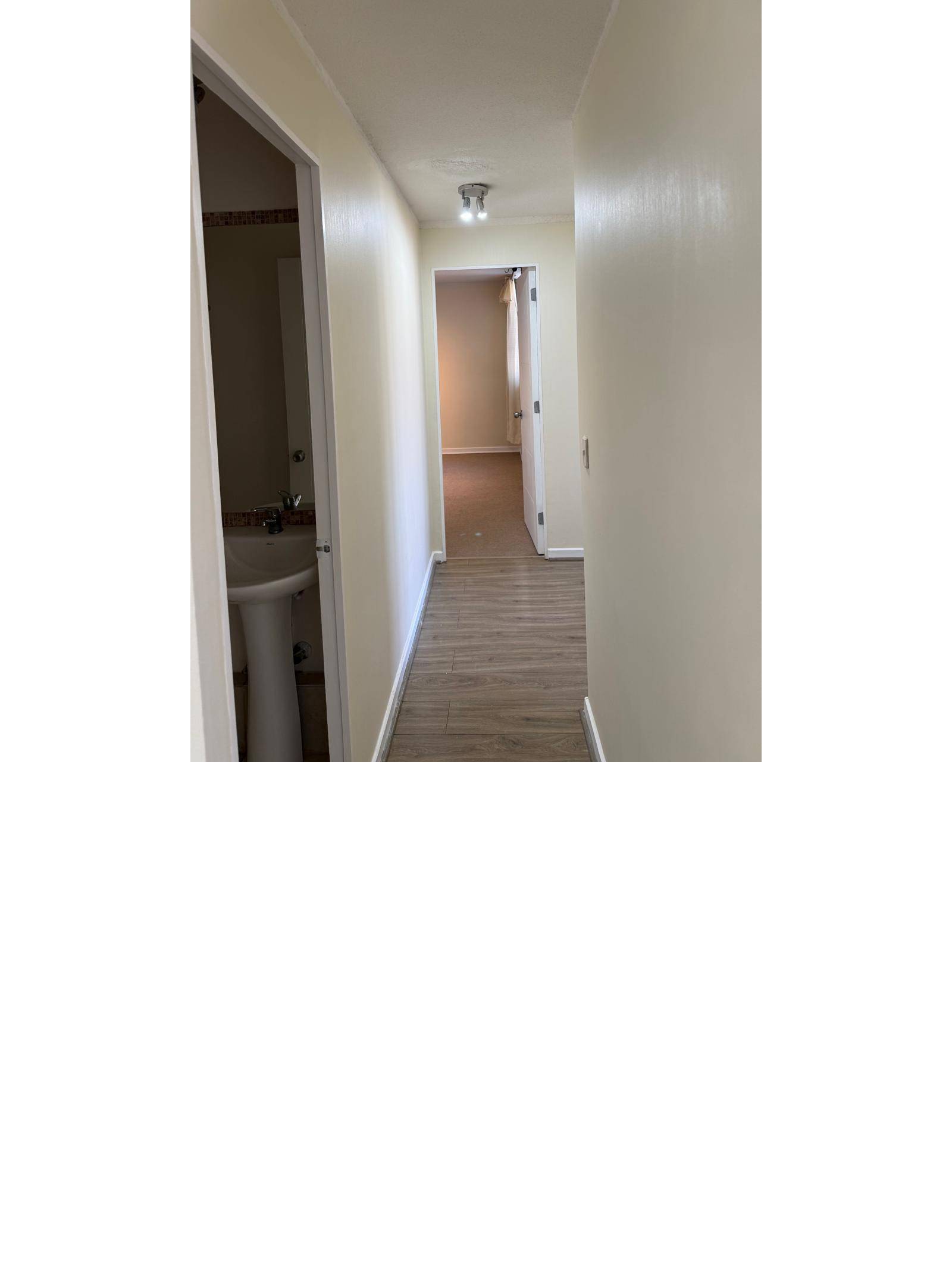 Pasillo de distribución con vista a baño y dormitorio.