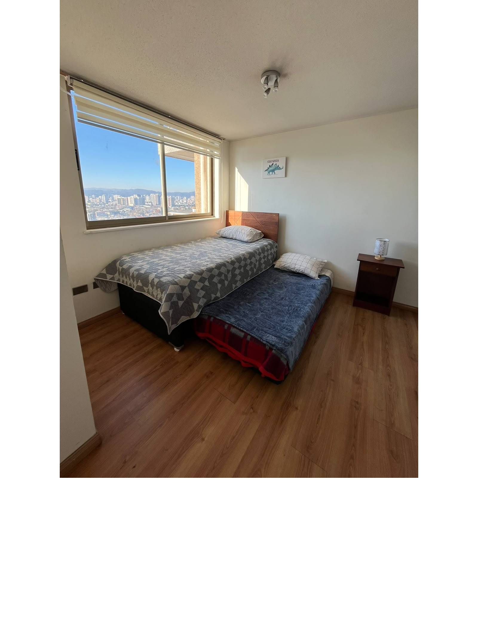 Dormitorio con cama nido, velador y ventana con vista panorámica.