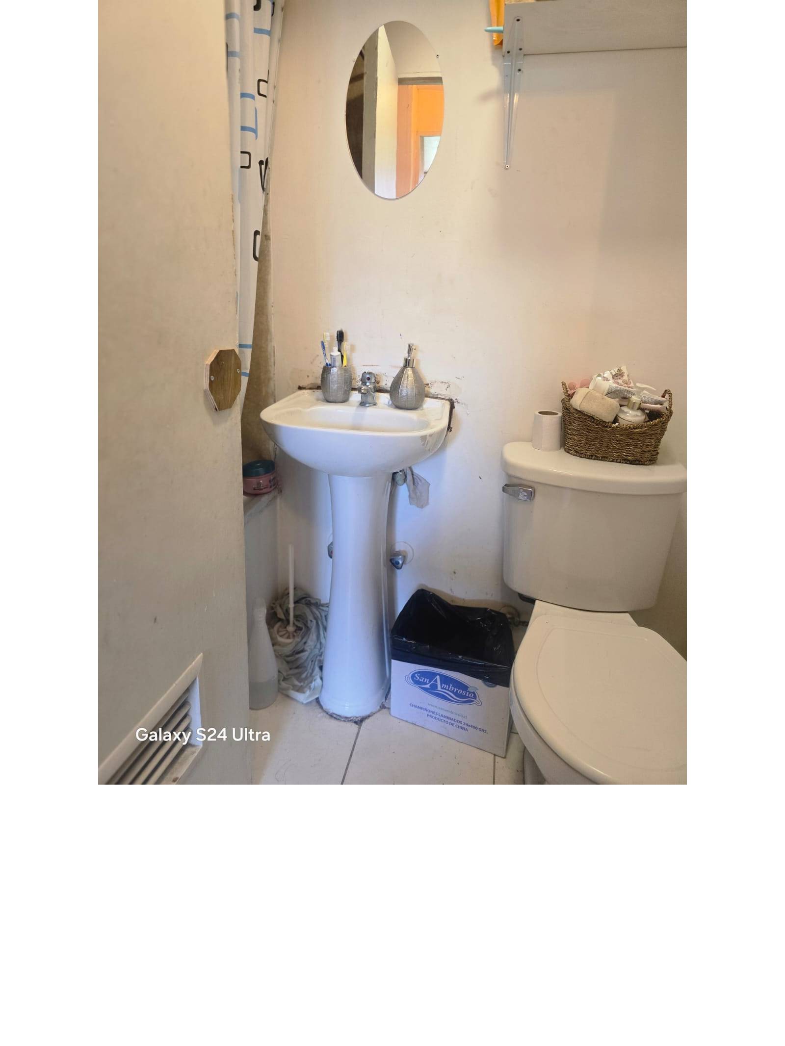 Baño con lavamanos de pedestal e inodoro.