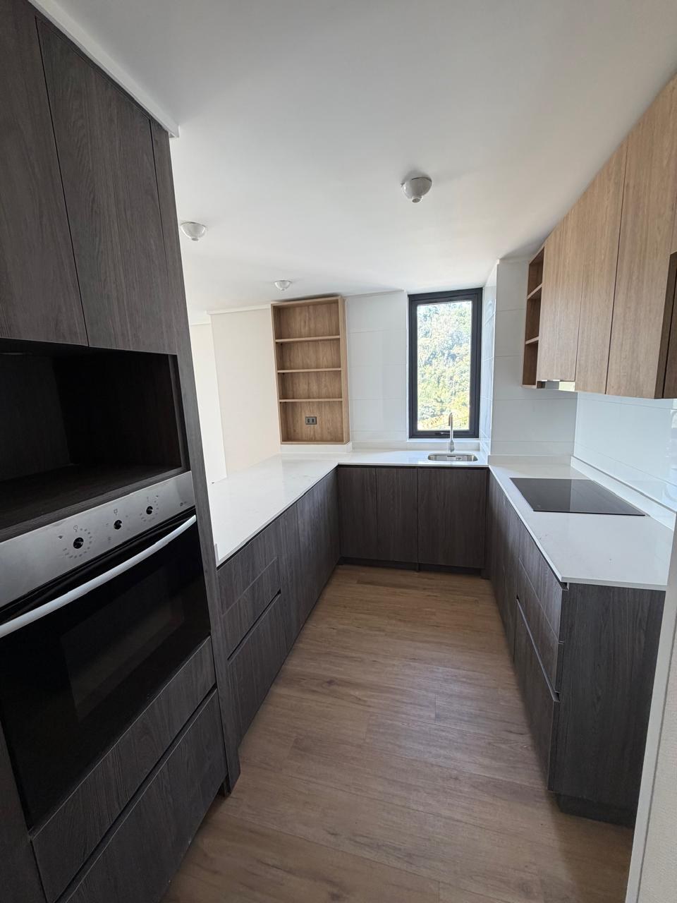 Cocina integrada con encimera vitrocerámica, horno empotrado y muebles modernos.