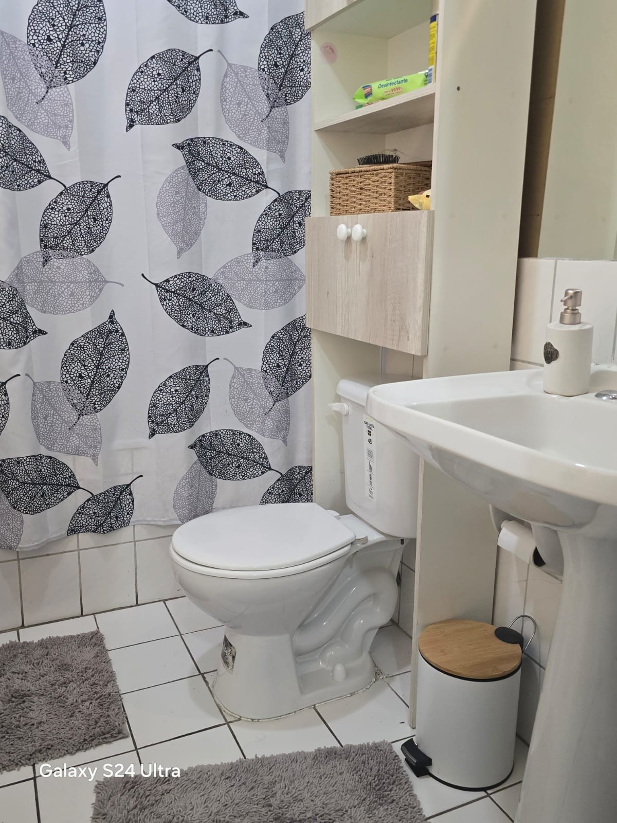 Baño con inodoro, lavamanos de pedestal, estantería y cortina