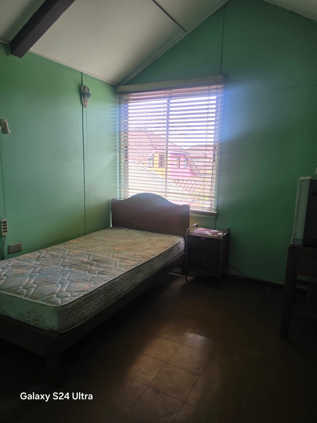 Dormitorio con paredes verdes y cama individual frente a ventana