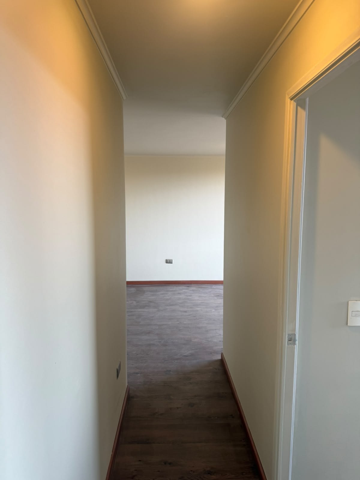 Corredor iluminado que conduce al interior del departamento